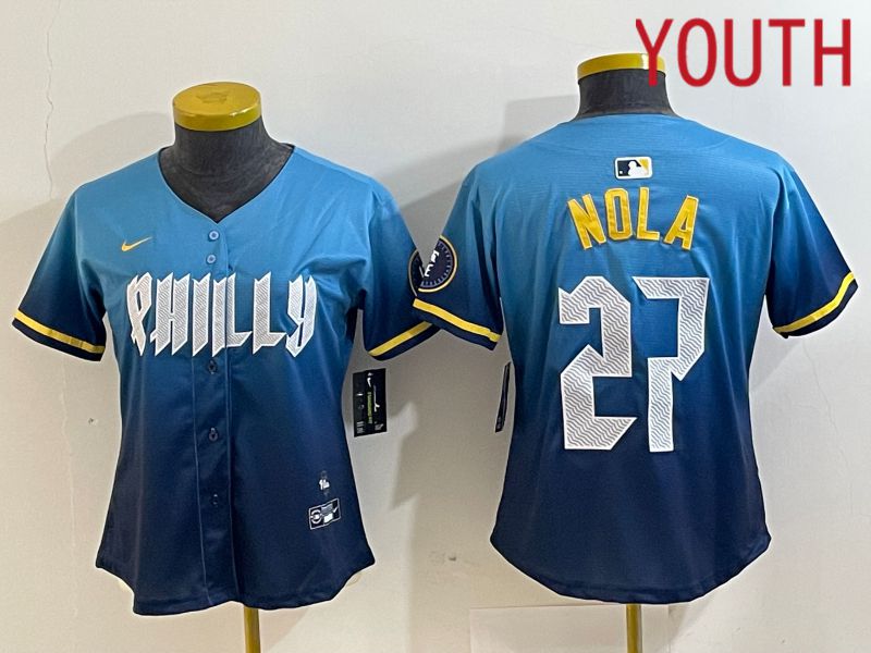 Youth Philadelphia Phillies #27 Nola Blue City Edition Nike 2024 MLB Jersey style 1